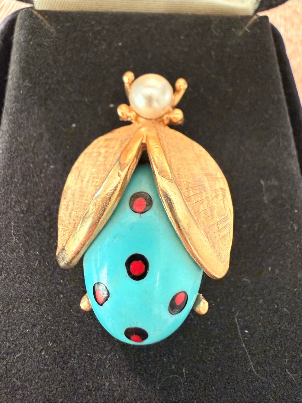 Gold-Tone Turquoise Ladybug Brooch with Pearl Accent